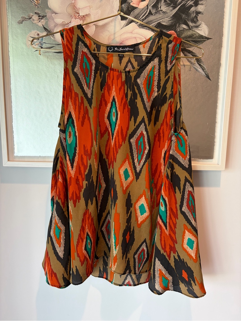 100% Silk For Love & Lemons Aztec Print Sleeveless Top Tank Size XS